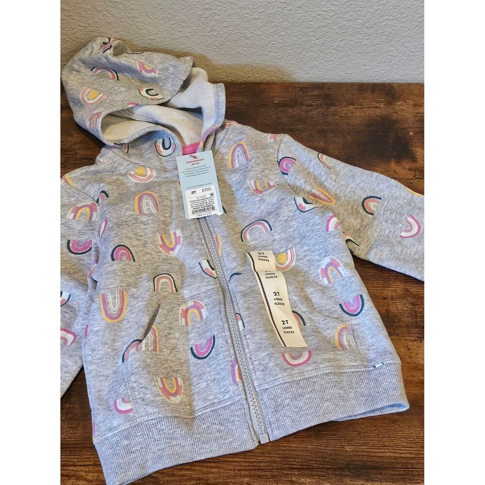 Cat & Jack Gray Hooded Zip Sweatshirt with Pastel Rainbow Motif
